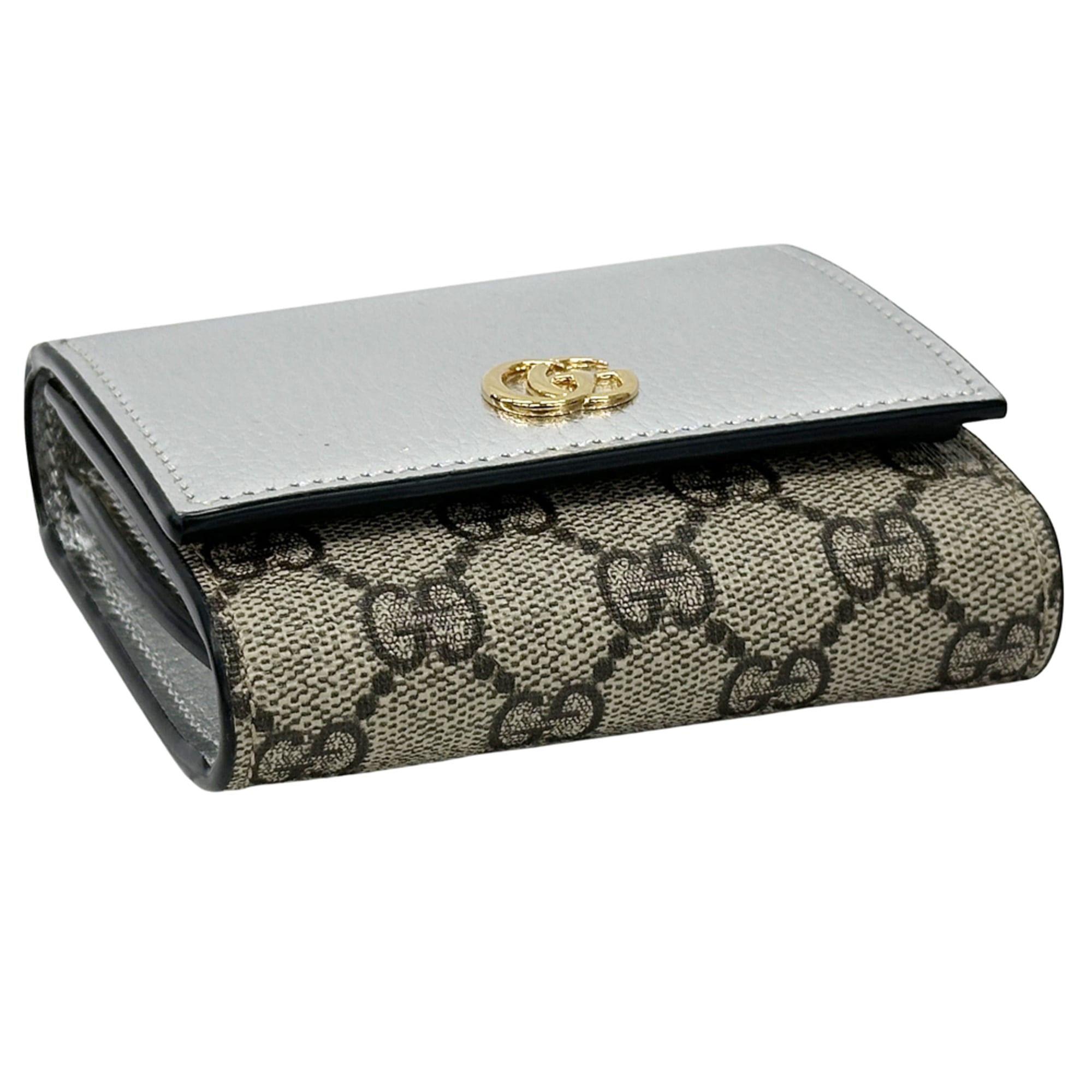 Gucci GG Supreme Petit Marmont Tri-fold Wallet (598587) for Men and Women, Silver Beige, Compact Bi-fold