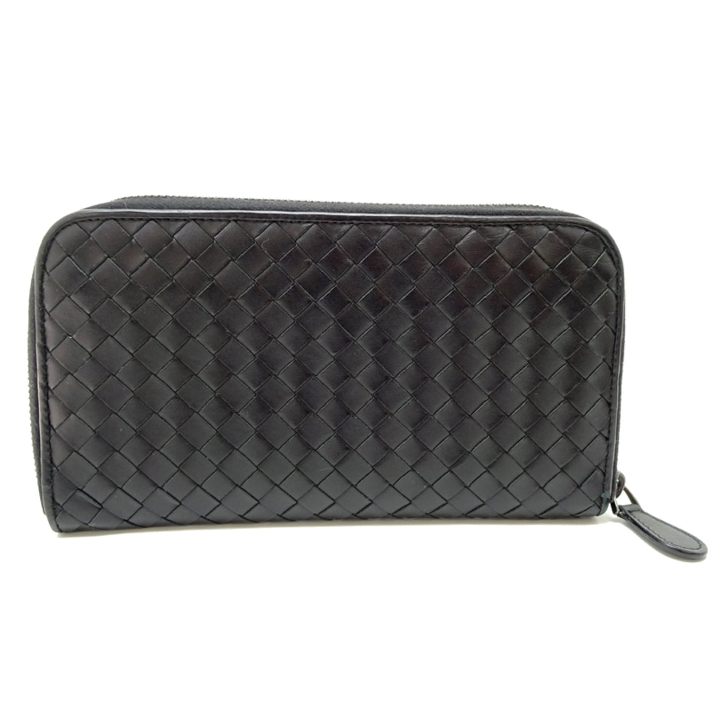 Bottega Veneta Intrecciato Zip Wallet, Women's and Men's Long Wallet 114076, Black Leather