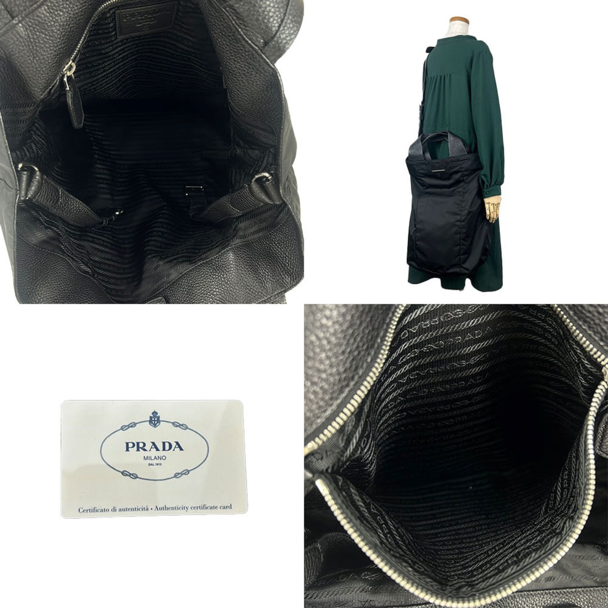 Prada tote bag shoulder large nylon black leather ladies PRADA NERO