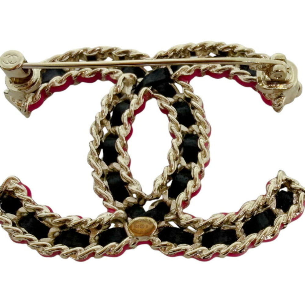 CHANEL CC Brooch Coco Black Pink B23B Champagne Gold Leather Chain Women's Men's — Like New