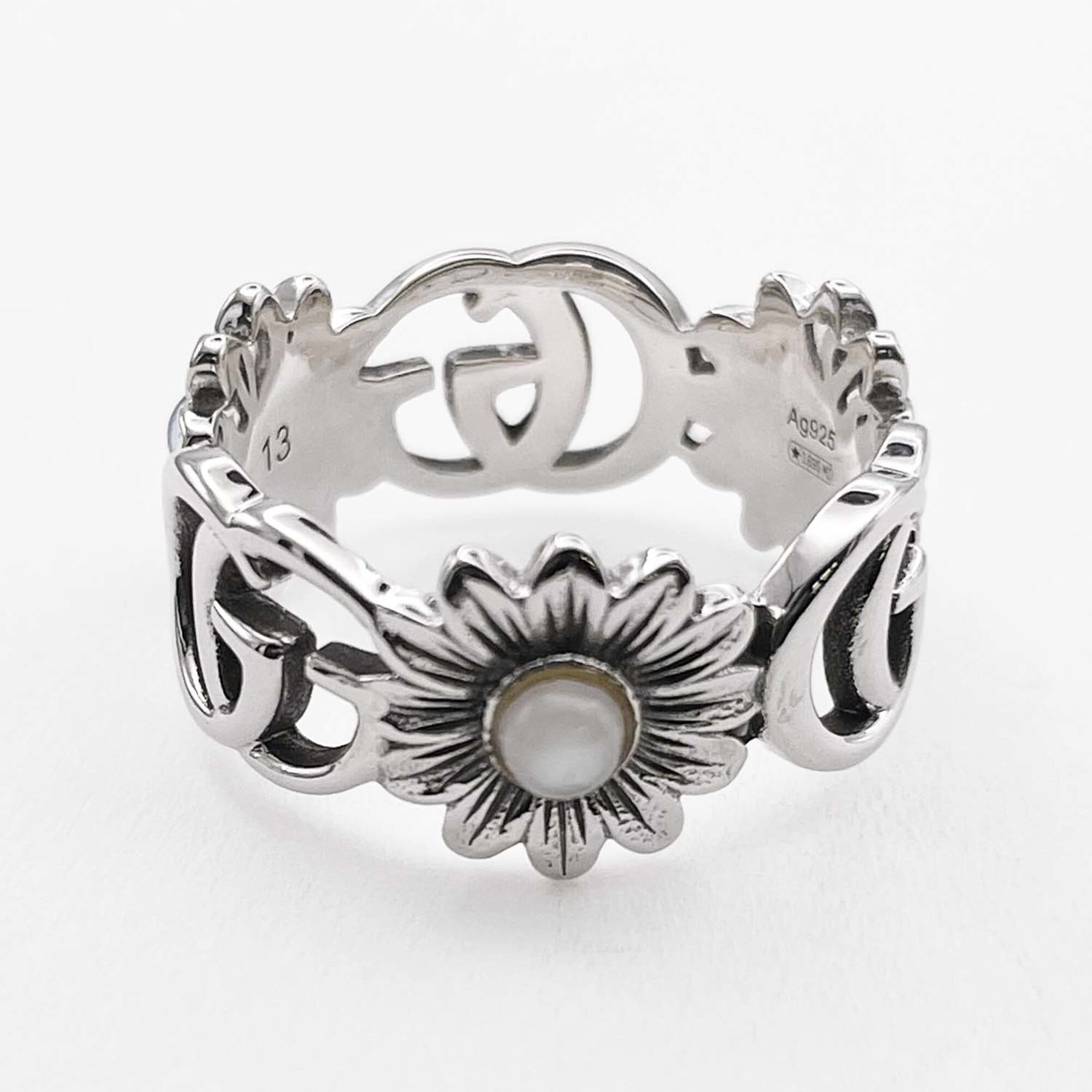 GUCCI Double G Flower Turquoise Mother-of-Pearl Ring, SV925, 13 7782, Silver, Men's/Women's — Like New