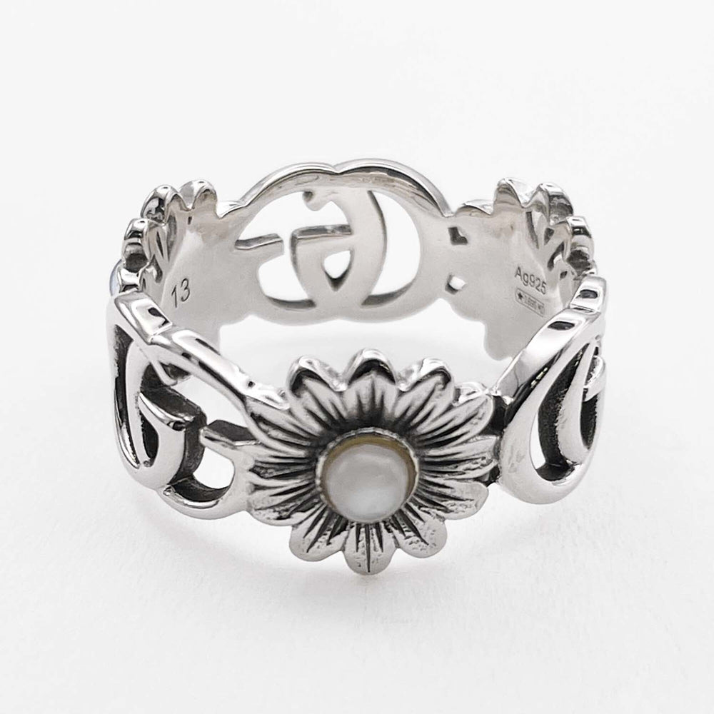 GUCCI Double G Flower Turquoise Mother-of-Pearl Ring, SV925, 13 7782, Silver, Men's/Women's — Like New