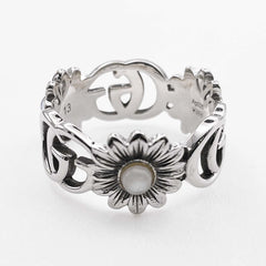 GUCCI Double G Flower Turquoise Mother-of-Pearl Ring, SV925, 13 7782, Silver, Men's/Women's — Like New