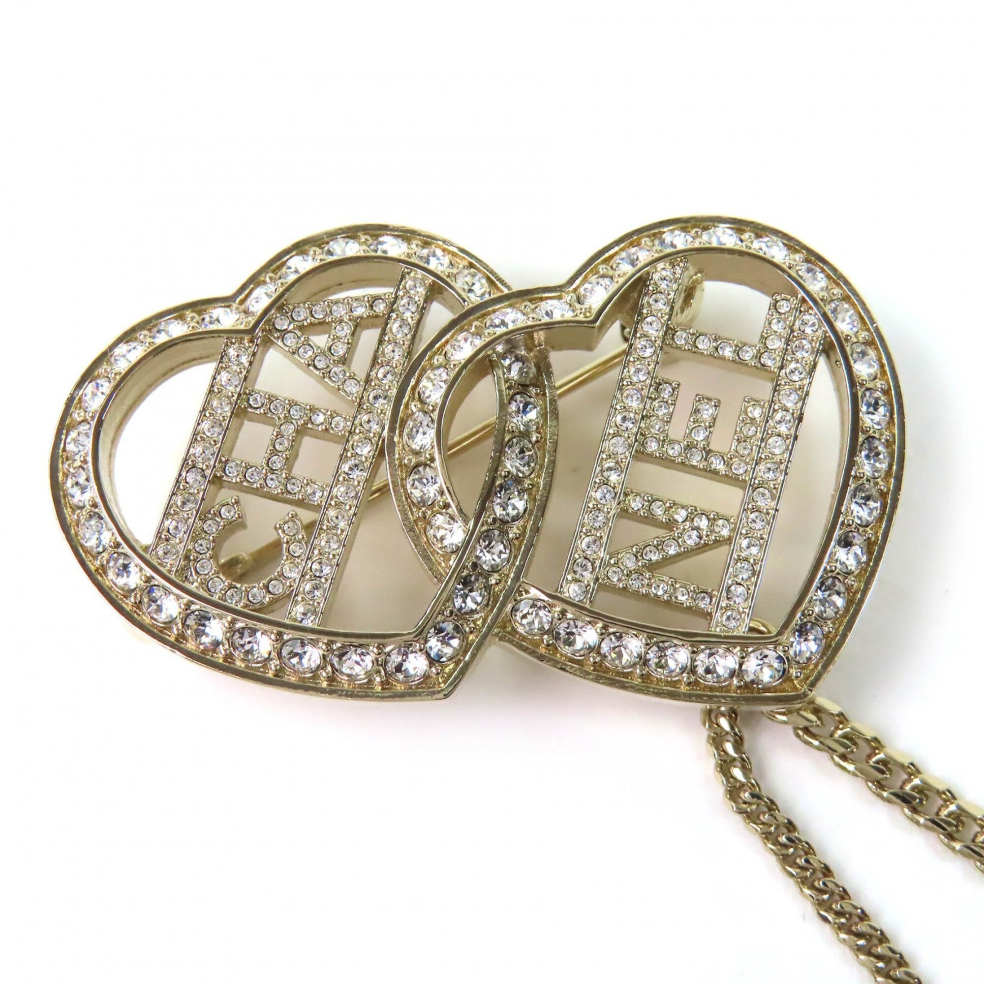 CHANEL C23B ABB655 Coco Mark Metal Strass Double Heart Chain Brooch Gold Women's — Like New