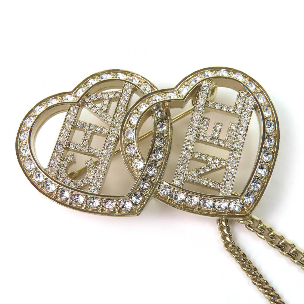 CHANEL C23B ABB655 Coco Mark Metal Strass Double Heart Chain Brooch Gold Women's — Like New
