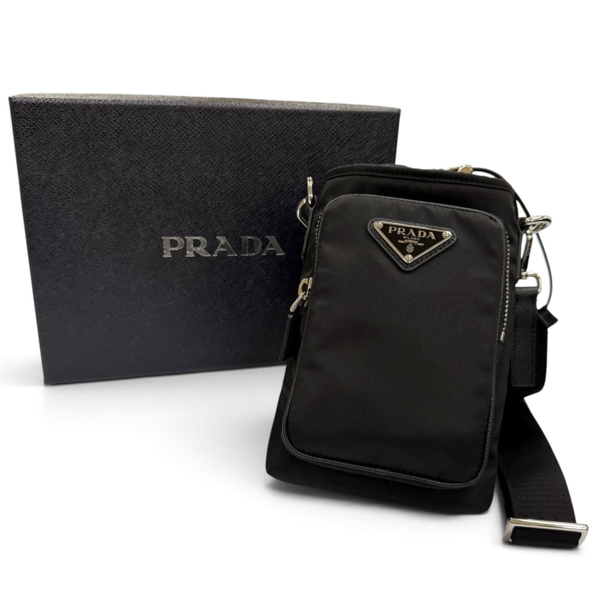 PRADA 2ZH155 Nylon Leather Re-Nylon Triangle Logo Plate Phone Case Shoulder Bag Black Silver Hardware Made in Italy Men's Comes with Box — Like New