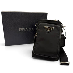 PRADA 2ZH155 Nylon Leather Re-Nylon Triangle Logo Plate Phone Case Shoulder Bag Black Silver Hardware Made in Italy Men's Comes with Box — Like New