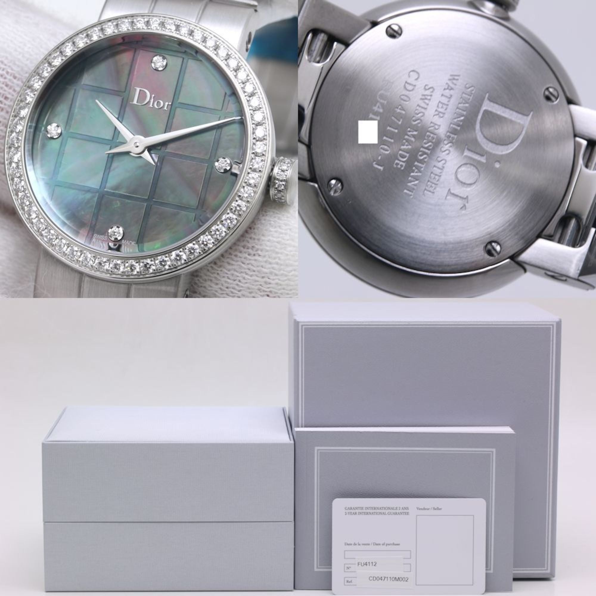 Christian Dior La D de CD047110M002 Watch with 4 Diamonds and Diamond Bezel, Stainless Steel, Women's, 39934 — Very Good