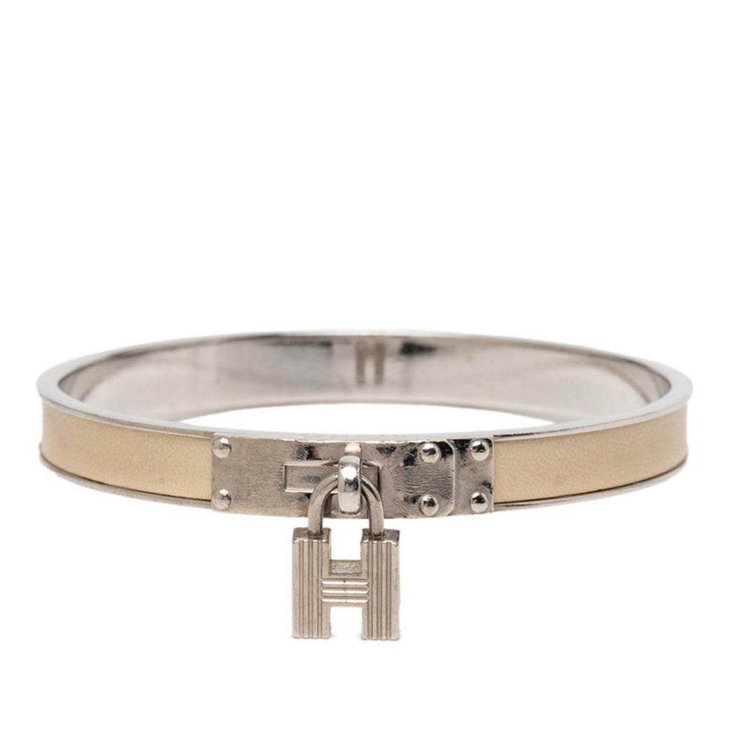Hermes Hermès Kelly H Cadena Bangle Bracelet in Silver Beige Metal and Leather for Women