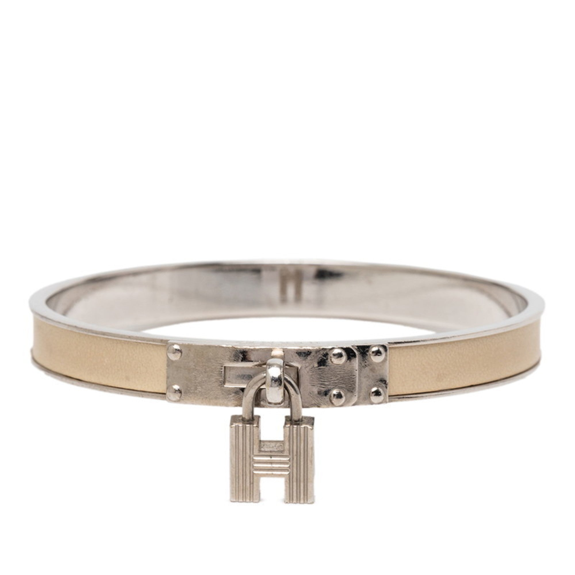 Hermes Hermès Kelly H Cadena Bangle Bracelet in Silver Beige Metal and Leather for Women