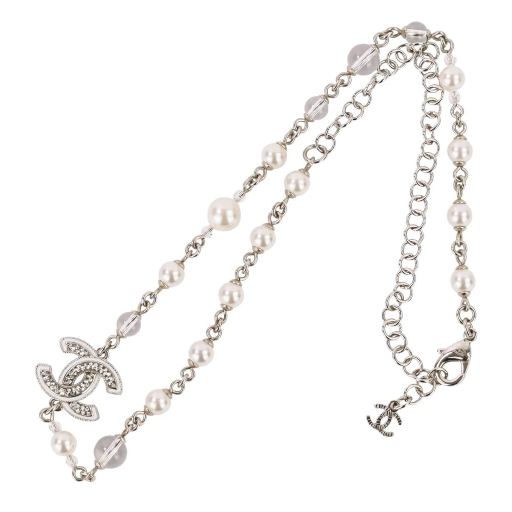 A25C CHANEL Rhinestone Coco Mark Pearl Necklace, Silver/White, Women's — Like New