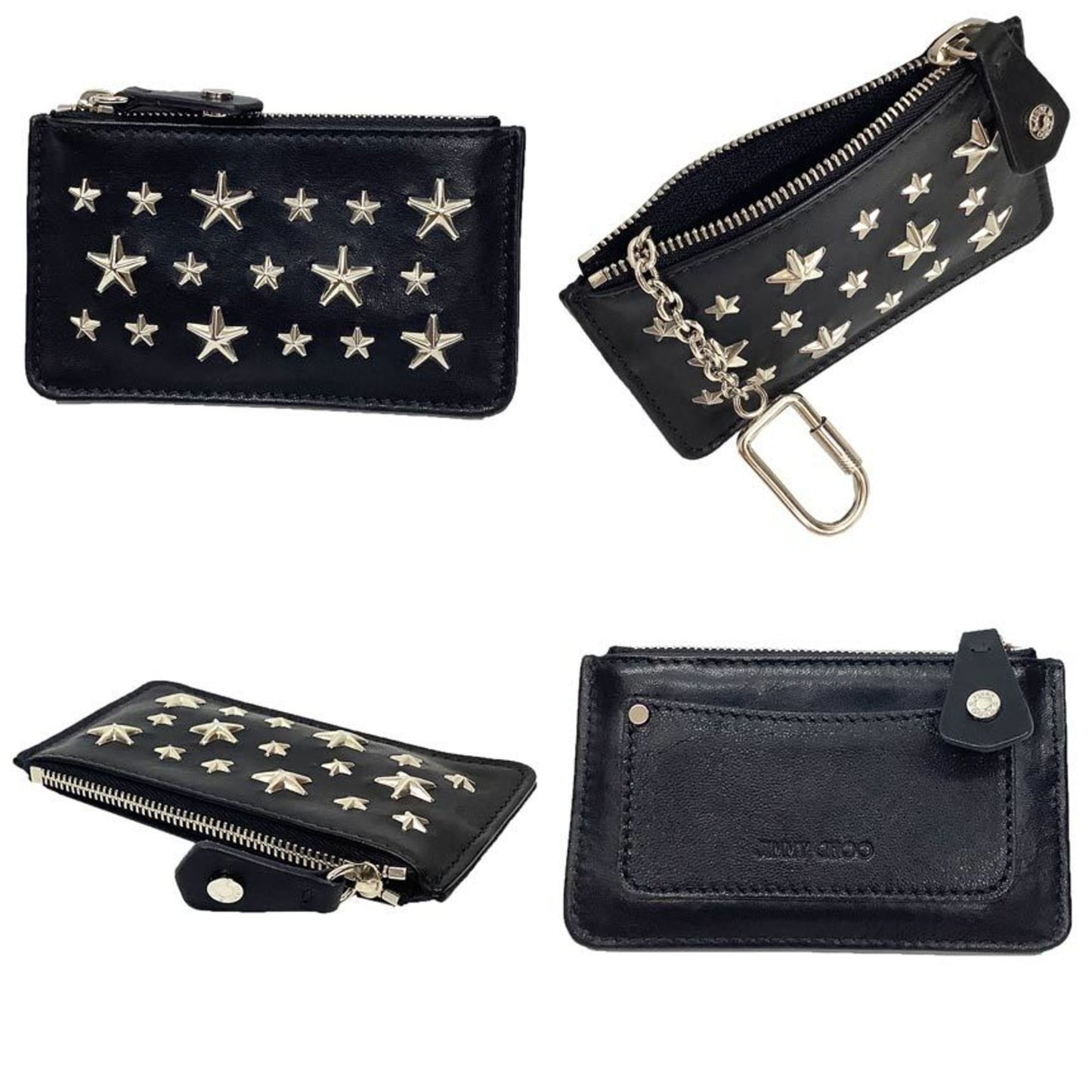 JIMMY CHOO NANCY silver star stud leather key case in black. Coin and wallet for men women. Unisex.