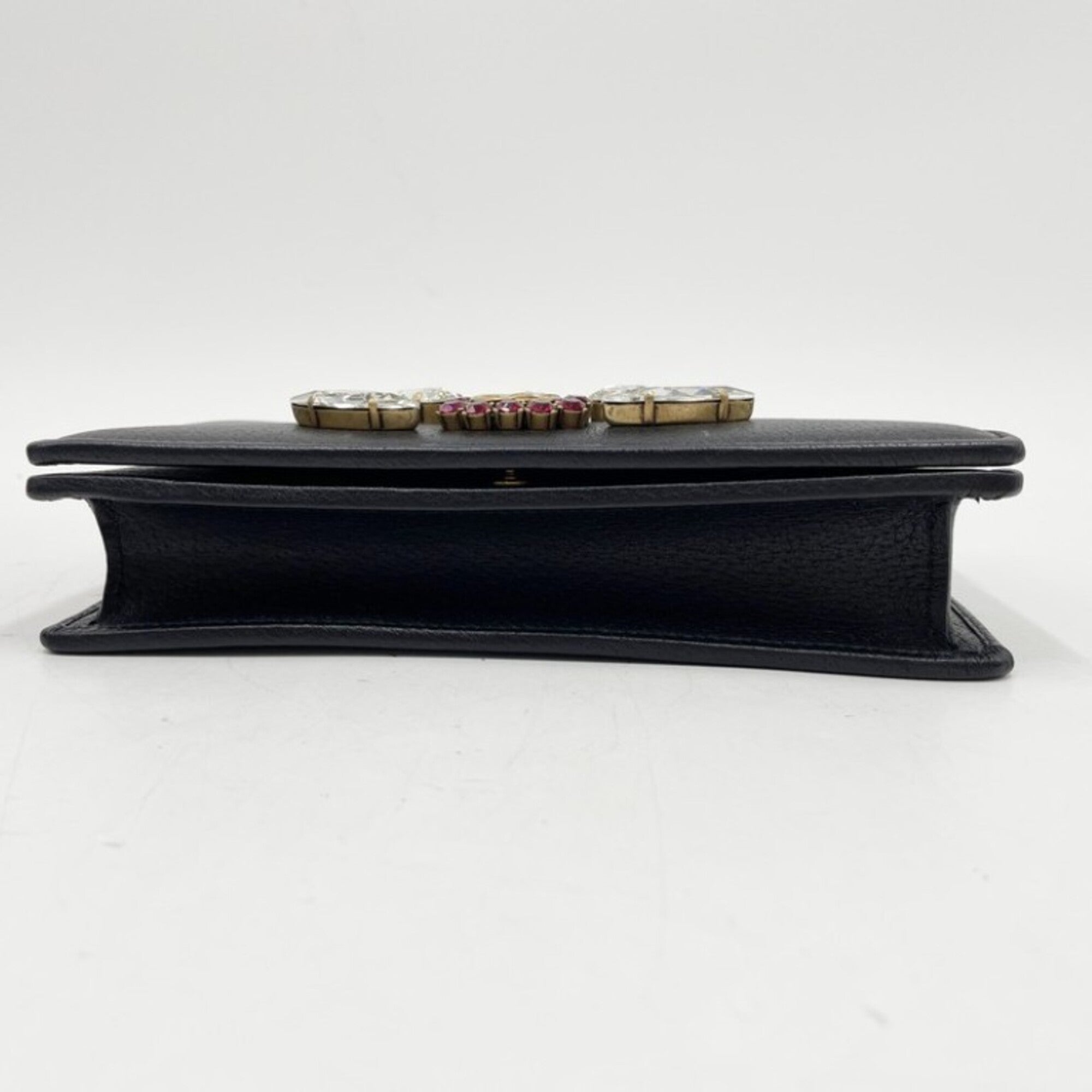 GUCCI GG Marmont Shoulder Bag 499782 Black Leather Women's Crystal Jewel Chain Wallet — Like New