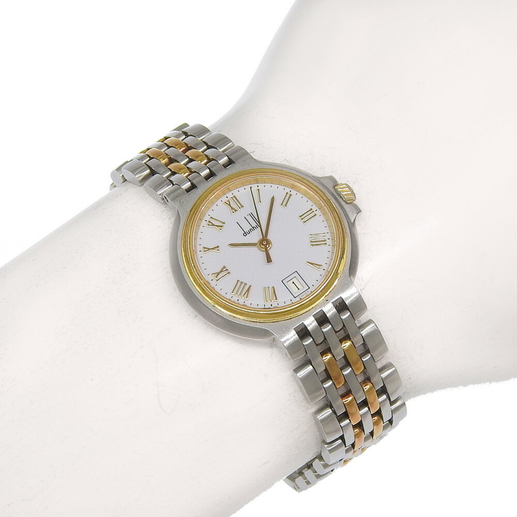 Dunhill Elite Date White Dial 18K Yellow Gold Stainless Steel 40.7g Quartz Battery Approx. 27mm Women's Watch — Good