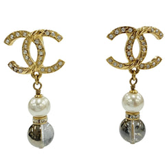 CHANEL A23C Coco Mark Rhinestone Pearl Stone Swing Earrings, Gold, Made in France, Women's, with Box and Dust Bag — Like New