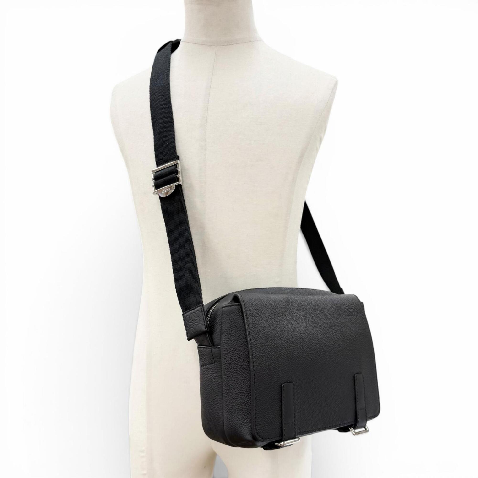 LOEWE B553A72X22 Leather Anagram Logo Military Messenger Shoulder Bag, Black, XS, Made in Portugal, Men's, with Dust Bag — Like New