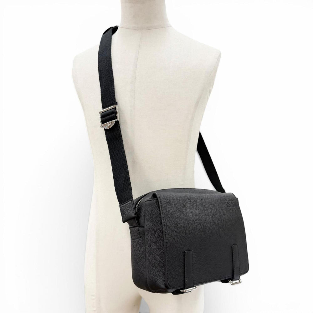 LOEWE B553A72X22 Leather Anagram Logo Military Messenger Shoulder Bag, Black, XS, Made in Portugal, Men's, with Dust Bag — Like New
