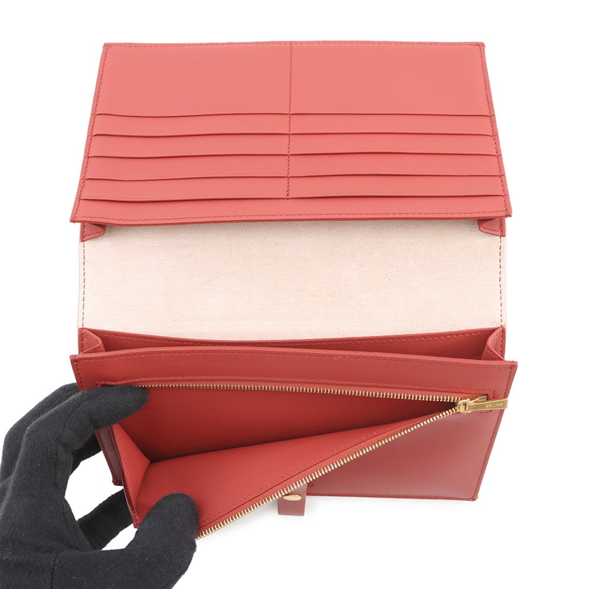 Celine long wallet with large strap, multi-function leather, 104873, bifold, two-tone.