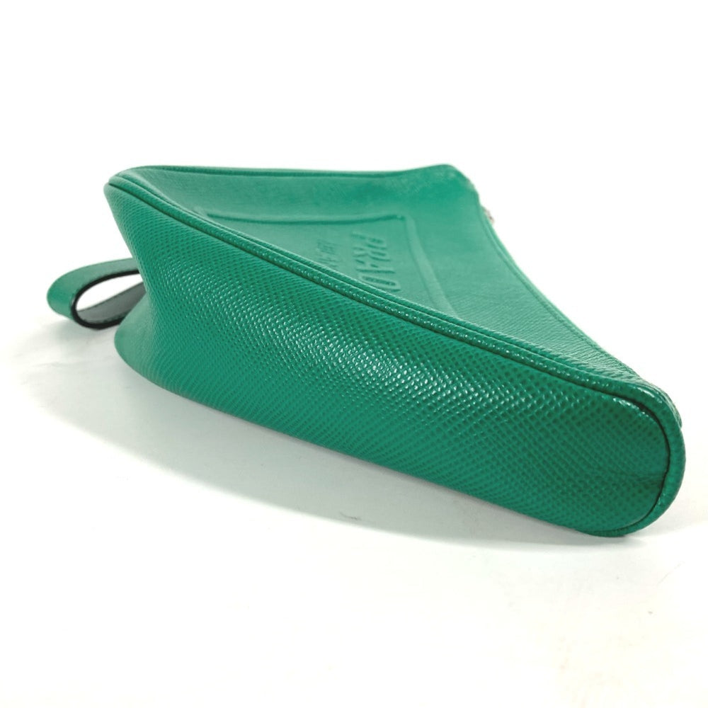 PRADA 2NE054 Embossed Triangle Plate Pouch Clutch Bag with Strap Saffiano Leather Men's Green — Like New