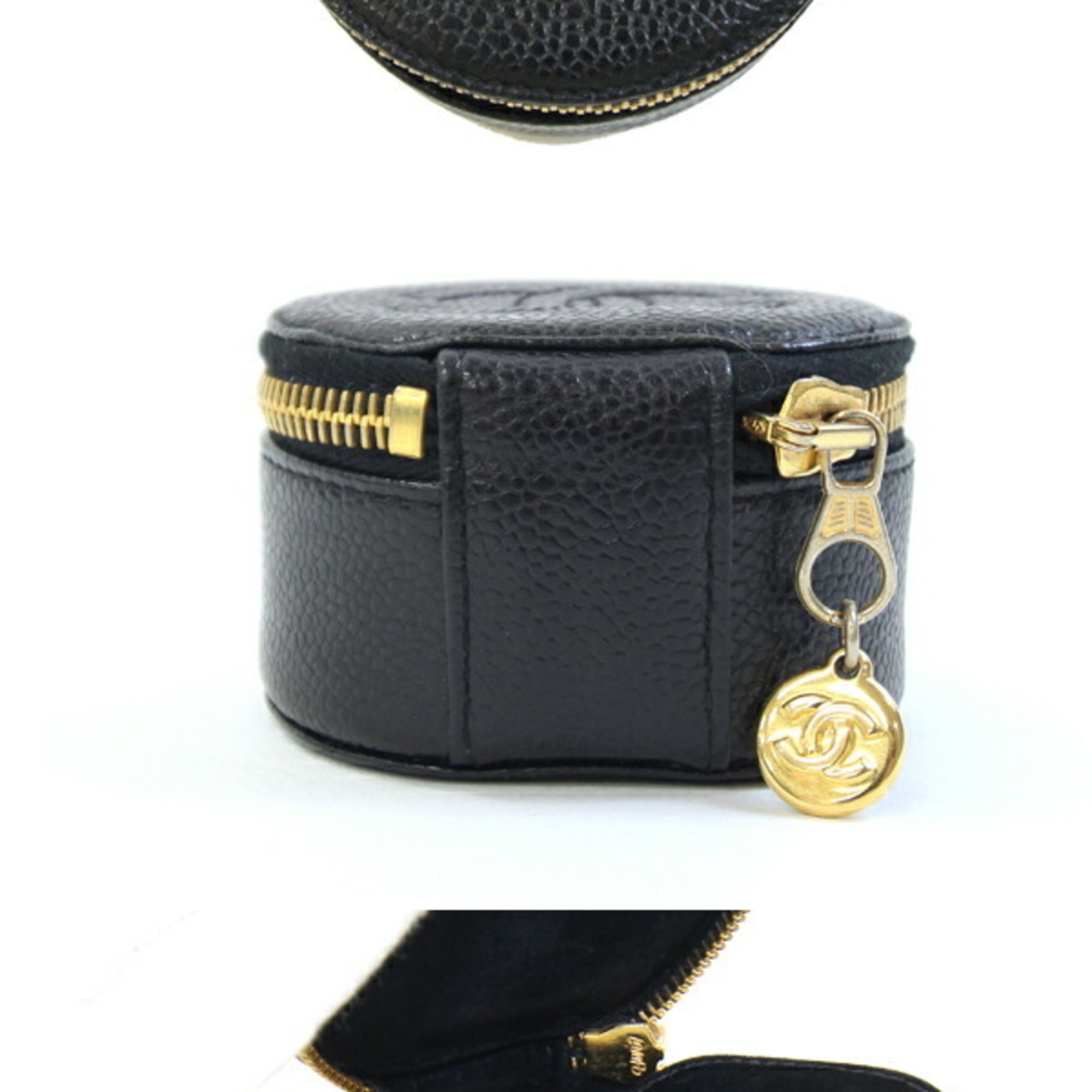 CHANEL Case Coco Mark A02786 Black Caviar Leather Pouch Round Women's