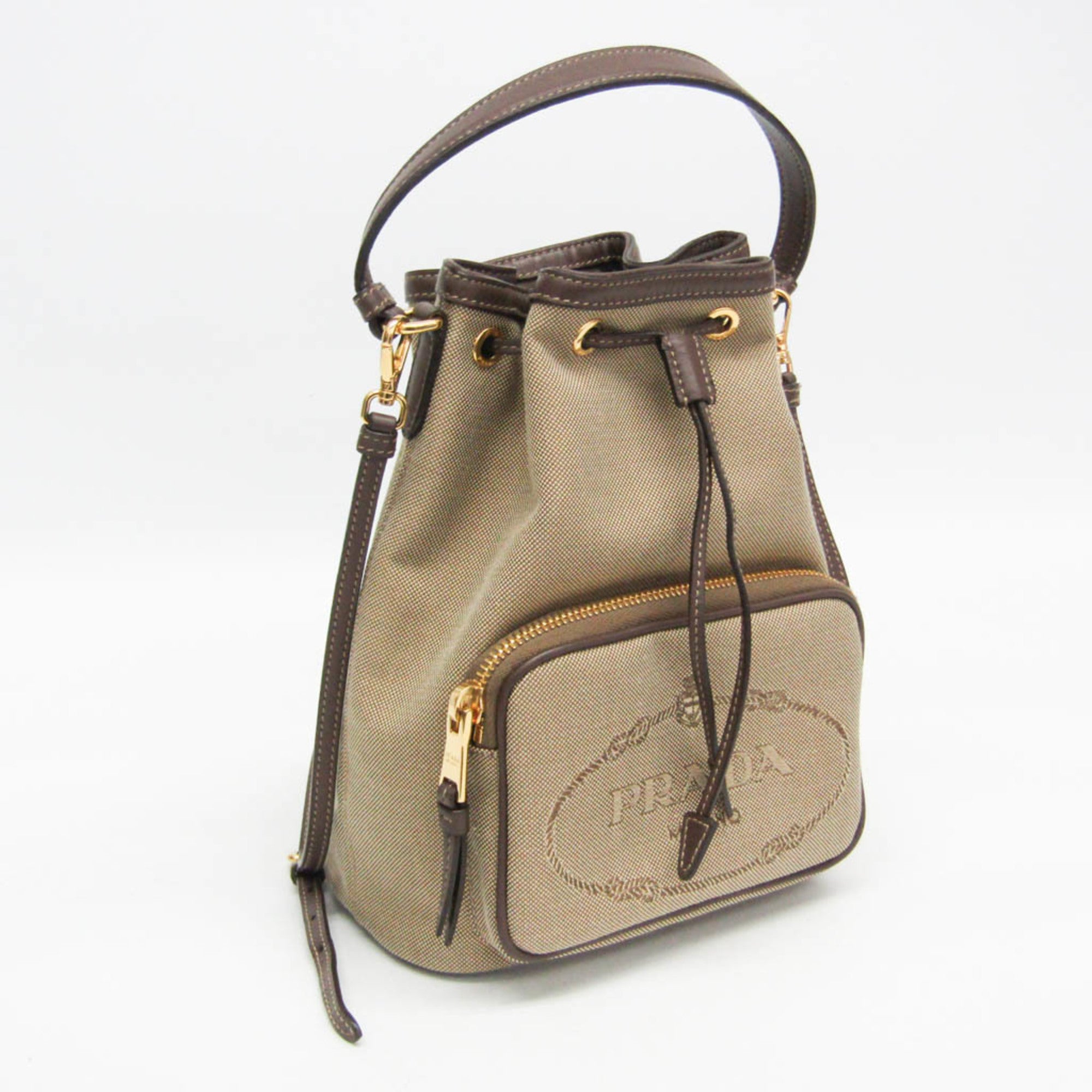 Prada Logo Jacquard Drawstring Bag Women's Leather,Jacquard Handbag,Shoulder Bag Beige Brown,Dark Brown — Like New