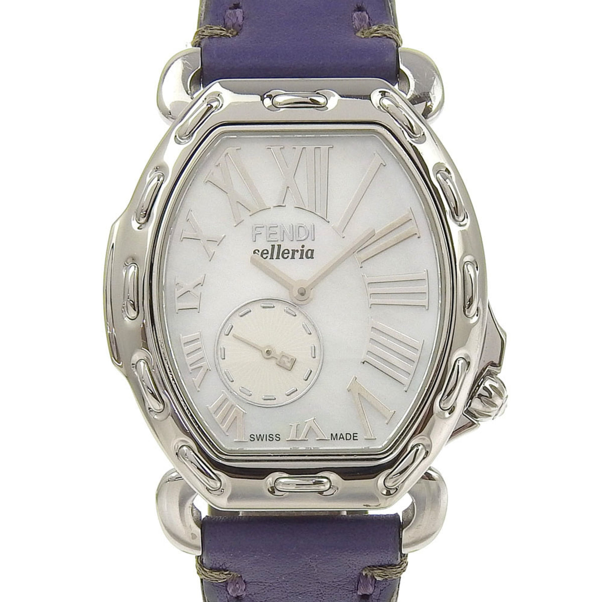 FENDI Celeria Watch 8400M Stainless Steel x Embossed Leather Quartz Small Second White Shell Dial Boys — Very Good