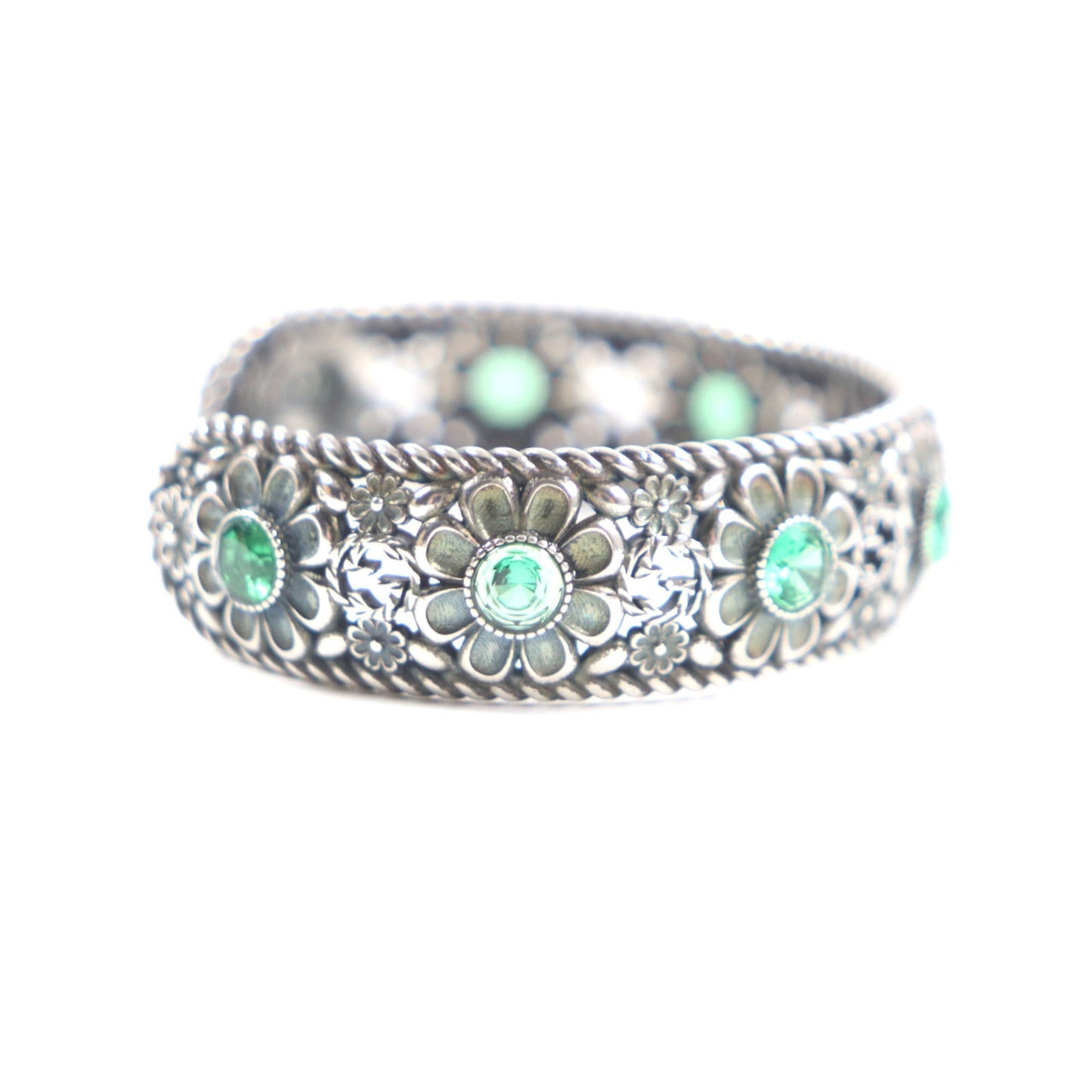GUCCI Crystal Floral Interlocking G Bangle Bracelet, AG925 Silver, Green, Size 16, Includes Box and Dust Bag, Made in Italy, Weight 24.8g, Men's