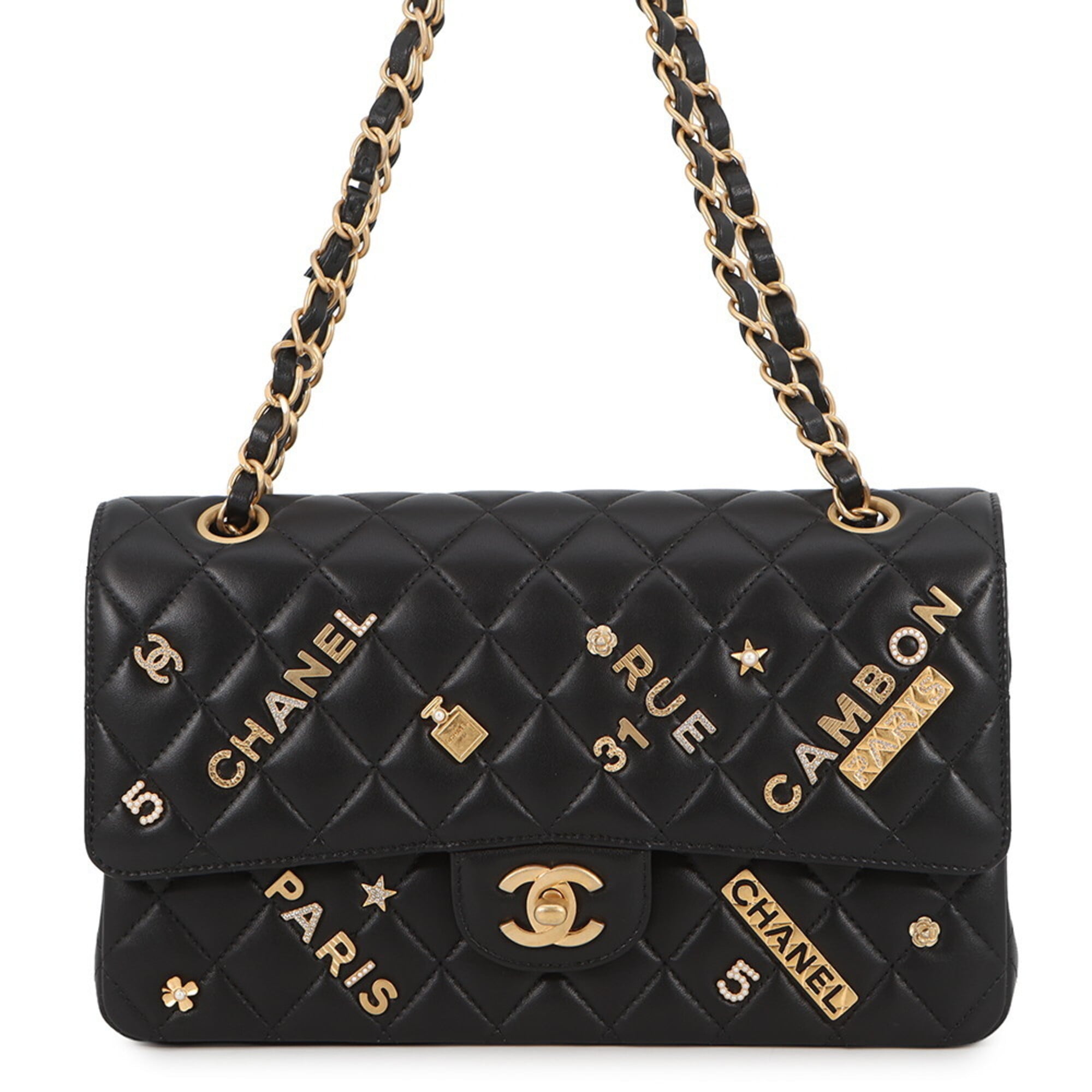 Chanel Chain Shoulder Bag Matelassé 25 Coco Mark Icon Charm Lambskin Double A01112 CHANEL Black Handbag Women's — Like New