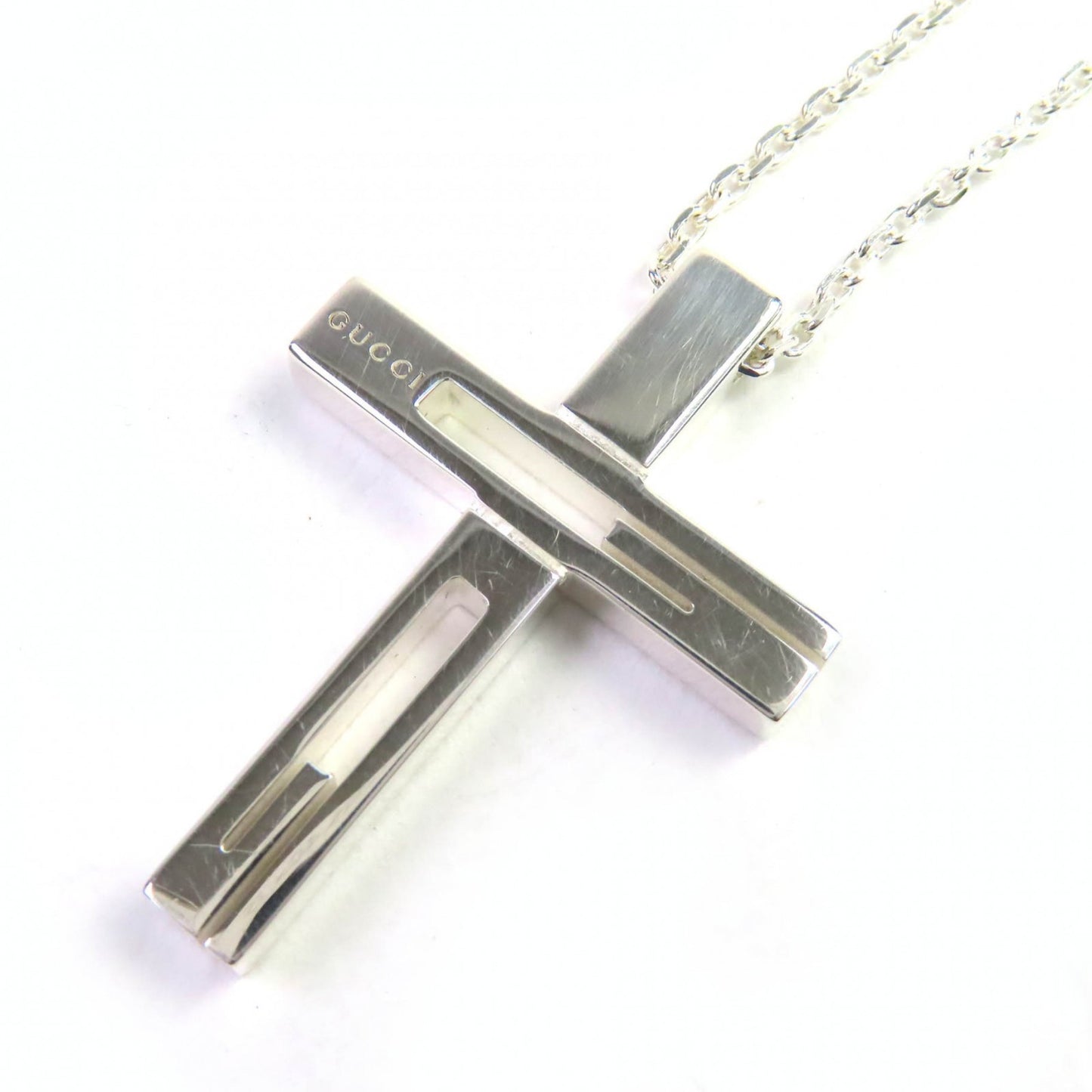 GUCCI Cutout Cross Necklace, AG925 Silver, G-Cross Logo, Made in Italy, Weight 12.3g, Women's, Box and Dust Bag Included