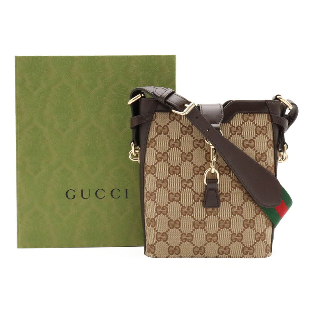 GUCCI GG Canvas Mini Bucket Bag Shoulder Leather Beige Dark Brown Green Red 782919 — Like New