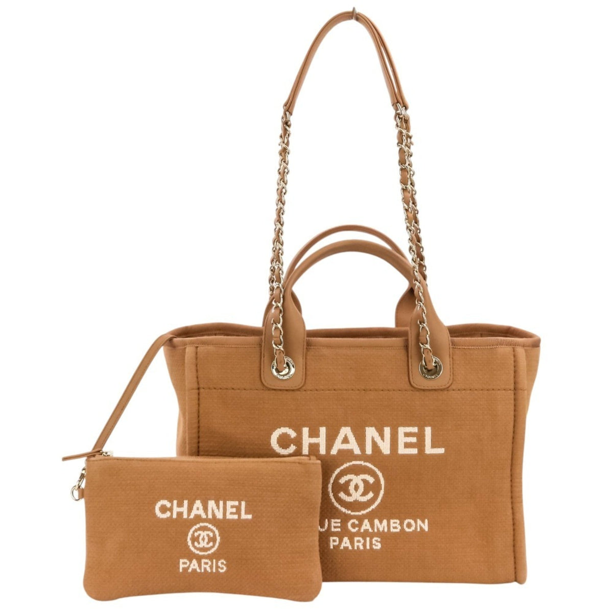 CHANEL Deauville MM Tote Bag, Chain Shoulder Handbag with Pouch, A67001 Pink Beige, Women's — Like New