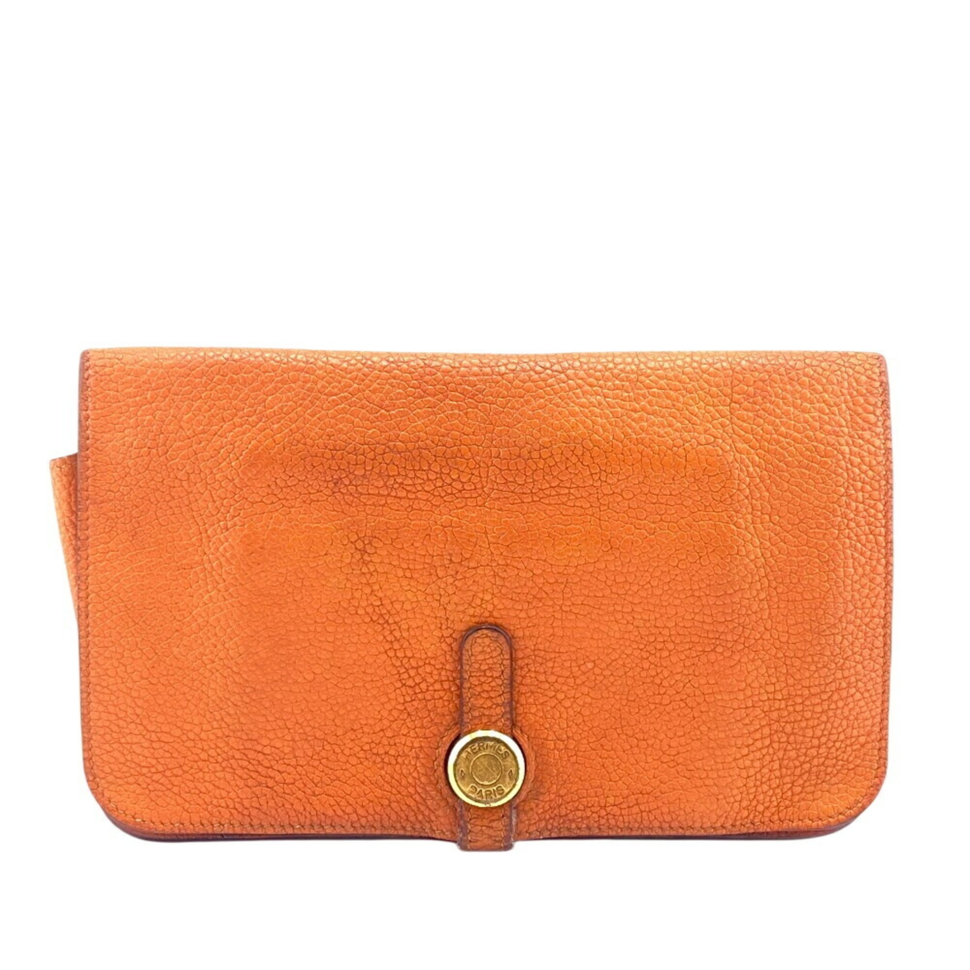 HERMES Dogon GM long wallet, orange, women's
