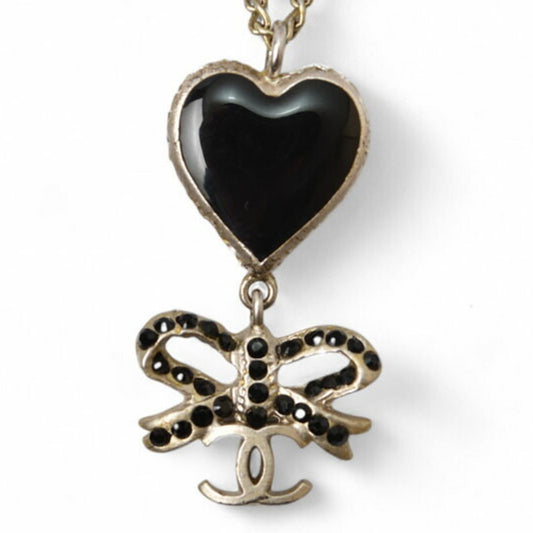 Chanel Necklace Pendant CHANEL Coco CC Heart Ribbon Rhinestone Black Silver 05P
