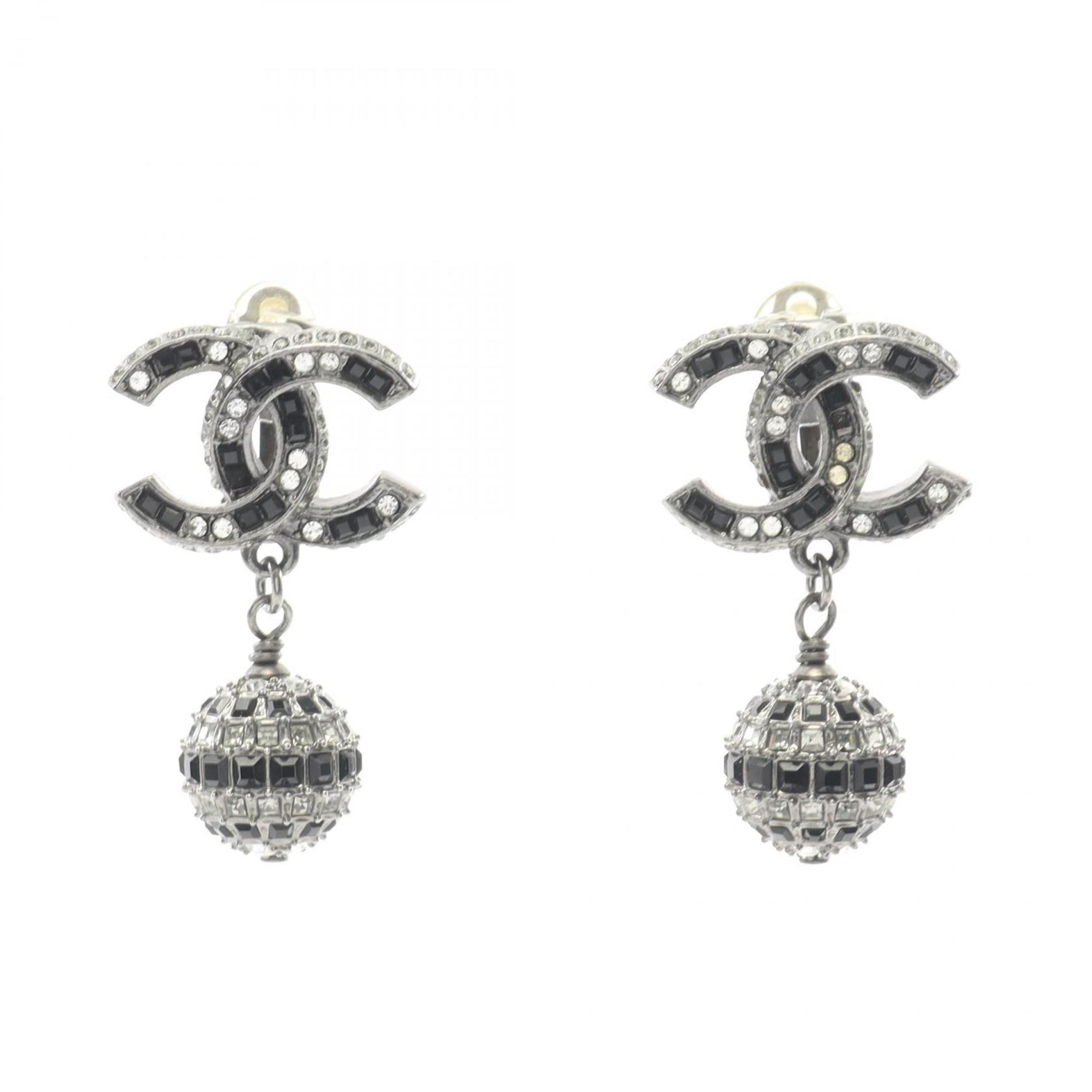 CHANEL Coco Mark Earrings, Stainless Steel with Rhinestones, Women's, Silver, Black, Clear