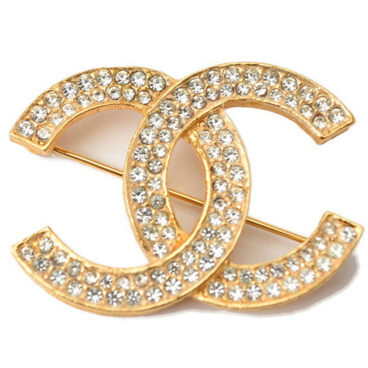 CHANEL Brooch Pin Coco Mark Rhinestone Gold