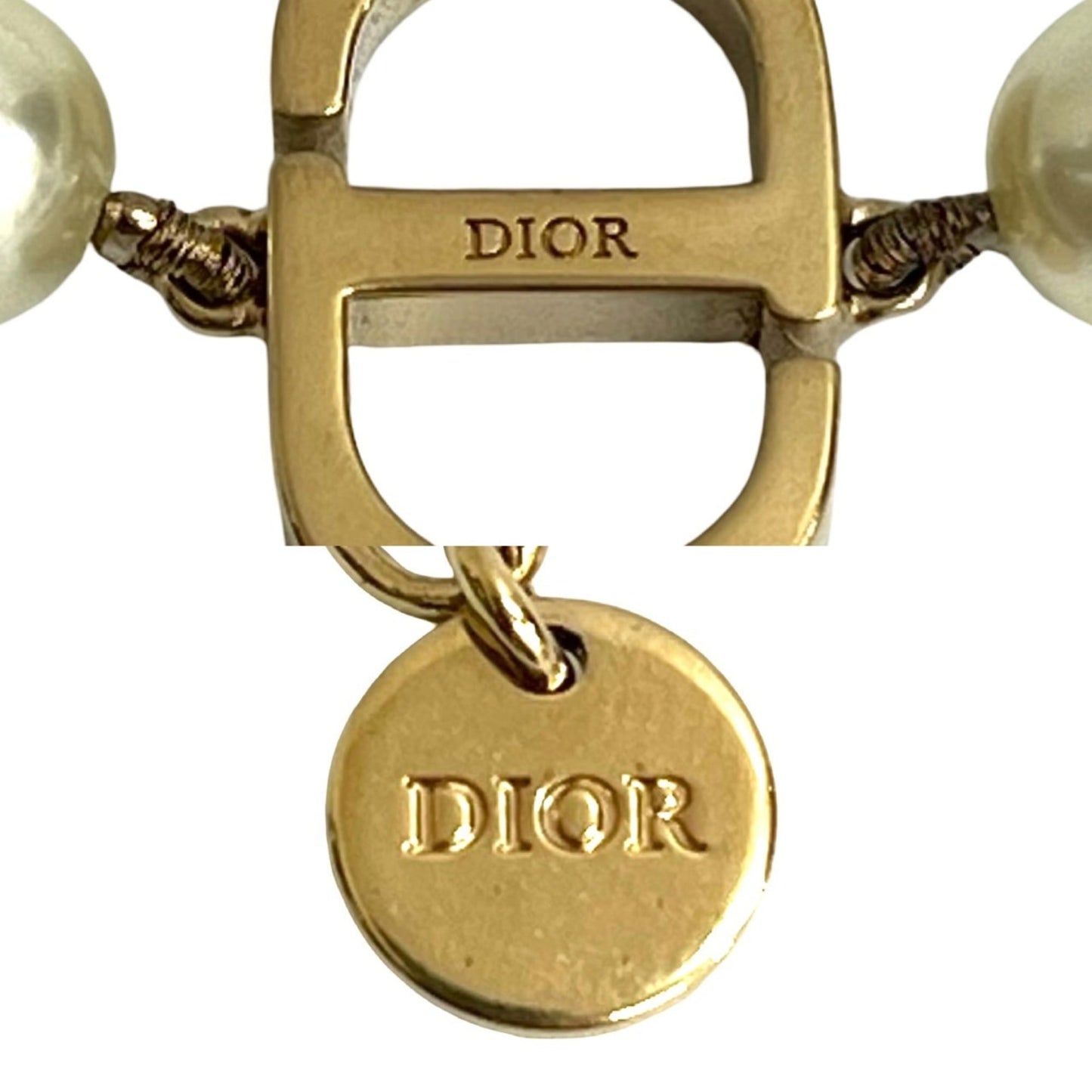 Christian Dior CD Logo GP Faux Pearl Chain Necklace Pendant Gold 09189