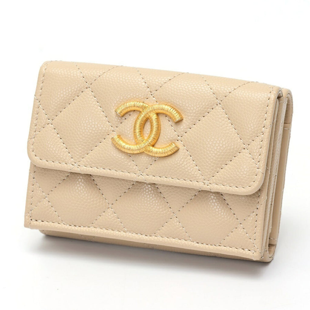CHANEL Matelasse Small Flap Wallet Trifold AP3518 Caviar Skin Beige S-159569