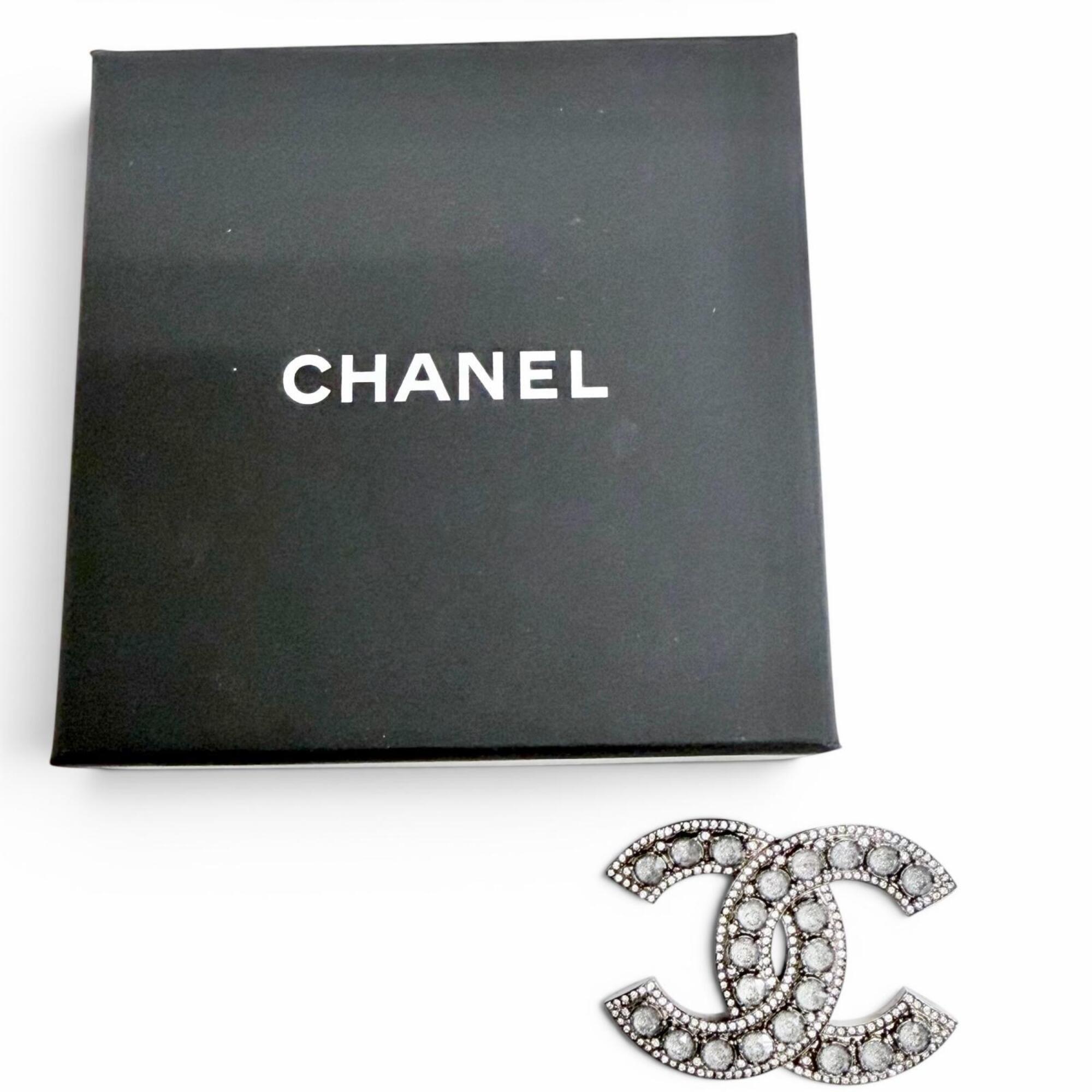 CHANEL C23B Coco Mark Rhinestone Gunmetal Brooch, Silver, Made in France, Women's, Comes with Box, Highly Recommended! — Like New