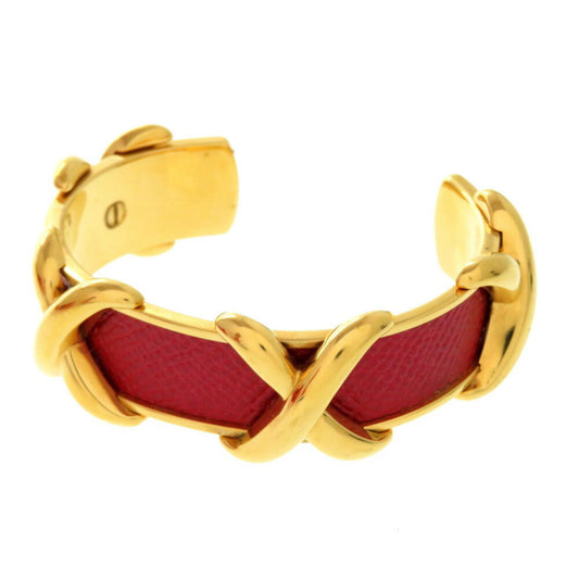 Hermes Cross Metal Leather Red Bangle 0371 HERMES