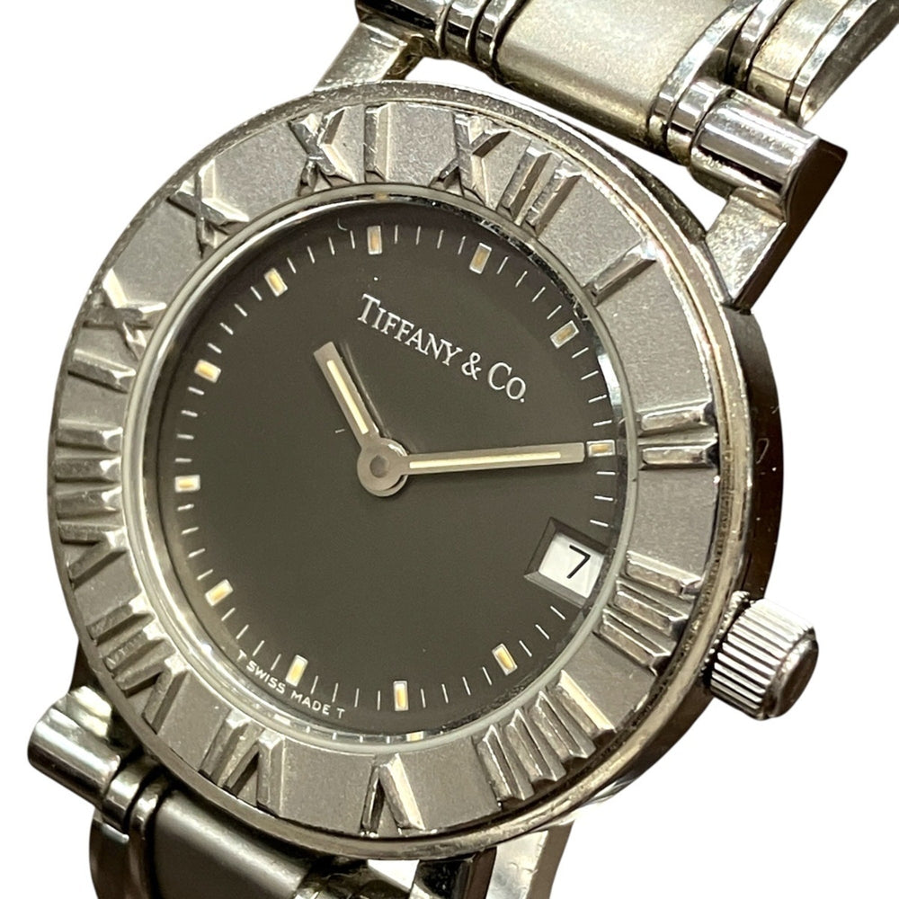 Tiffany & Co. Atlas watch, total weight 53.6g, stainless steel, quartz movement, black dial — Good