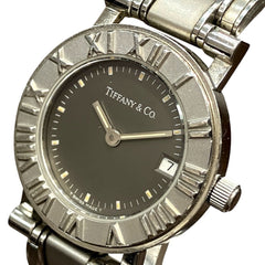 Tiffany & Co. Atlas watch, total weight 53.6g, stainless steel, quartz movement, black dial — Good