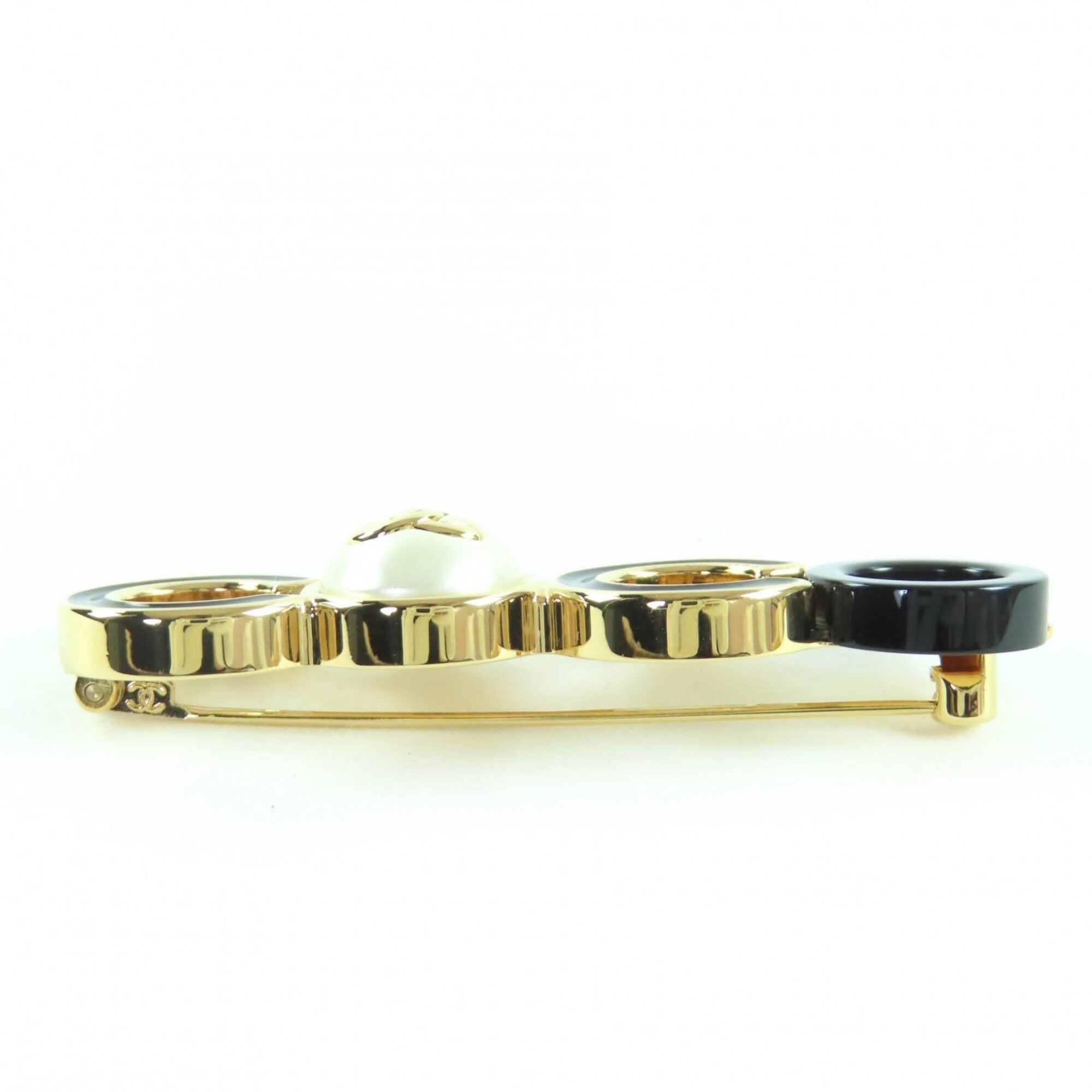 CHANEL B24B Coco Mark Brooch with Faux Pearls, Black and Gold, Box, Made in Italy, Women's — Like New