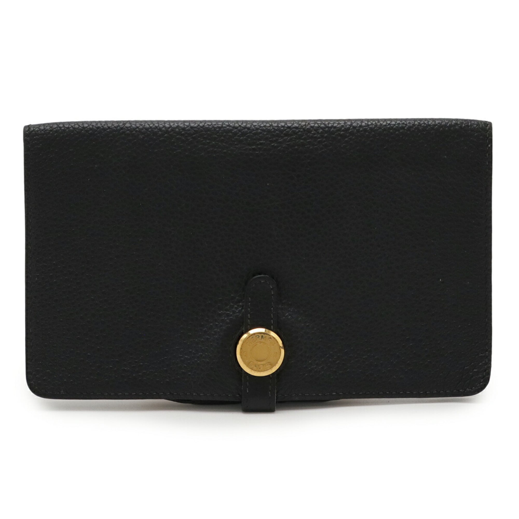 HERMES Dogon MM Bi-fold Long Wallet, Togo Leather, Black