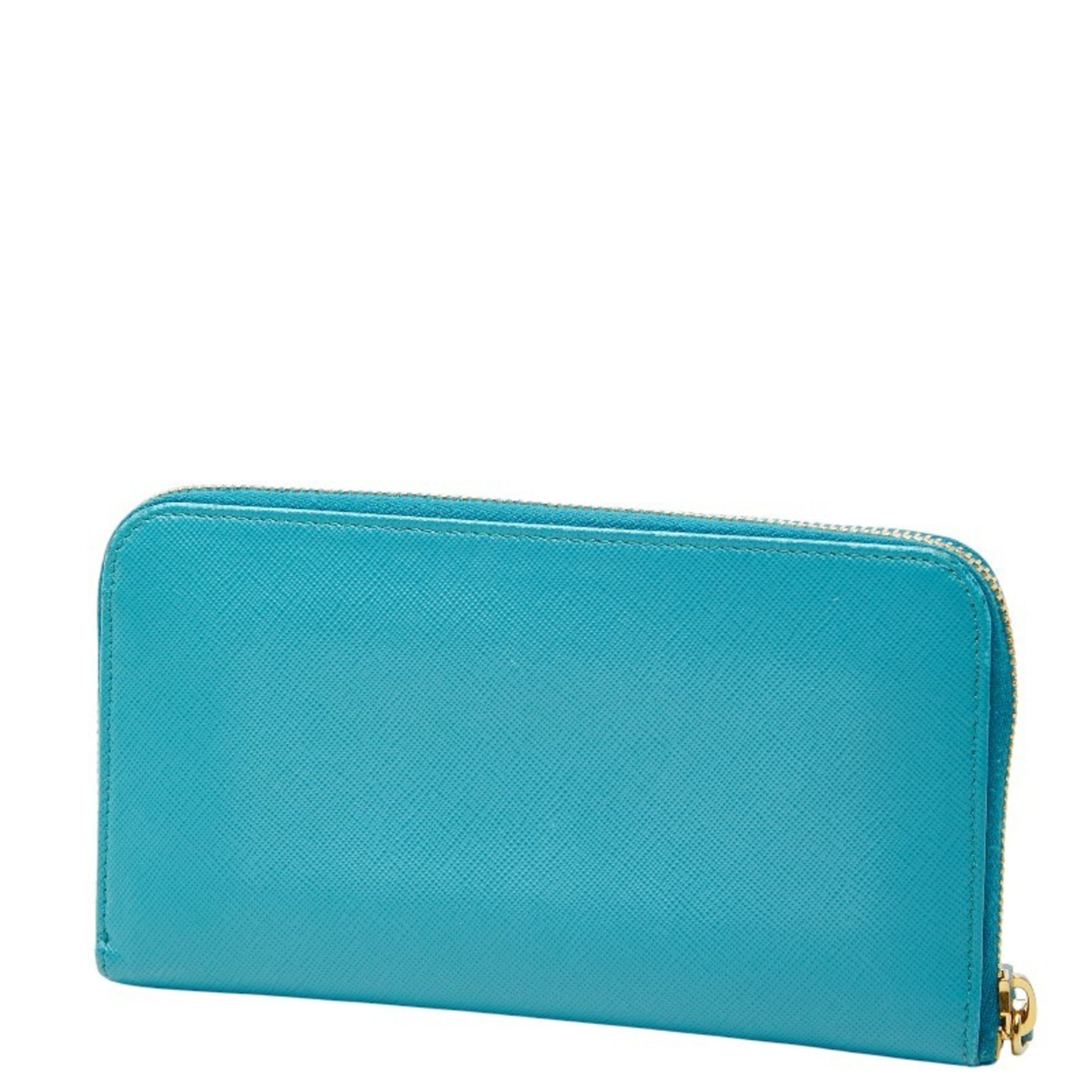 Prada Women's Round Zip Long Wallet 1M0506 Blue Saffiano Leather