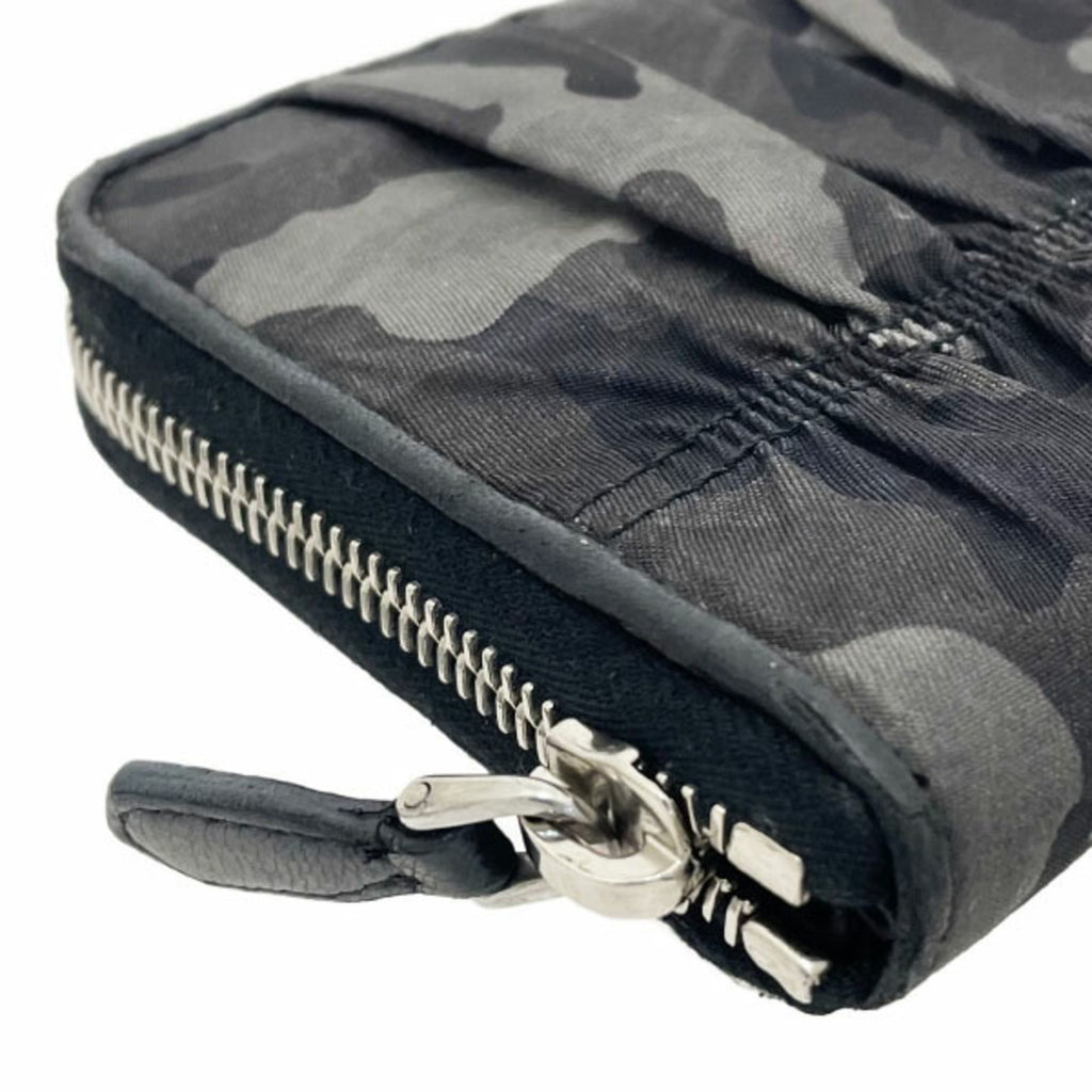 Prada Camouflage Round Long Wallet, Nylon and Leather, Gray Black, 1M0506, PRADA Pattern, Shirring, Gathered Pleats, YY-15718