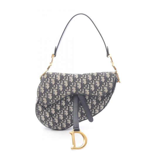 Christian Dior Dior Saddlebag, Oblique Jacquard Handbag, Canvas and Leather, Women's, Ivory Navy