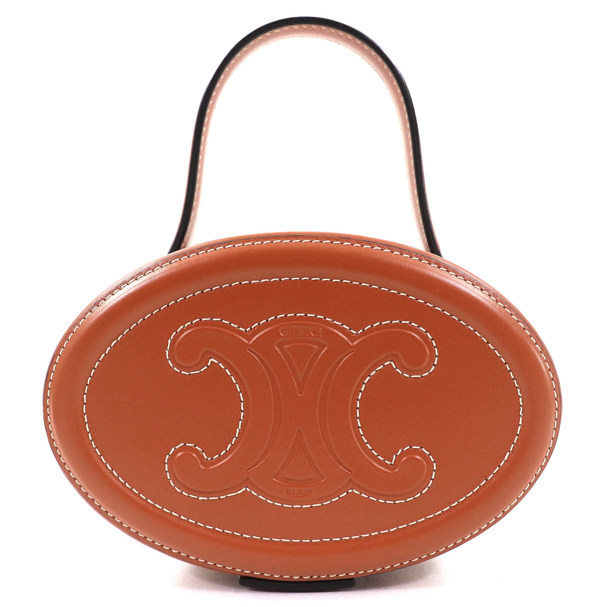 CELINE 198613 Oval Minaudière Cuir Triomphe Smooth Calfskin Leather Handbag in Tan and Brown, Includes Dust Bag, Made Italy — Like New