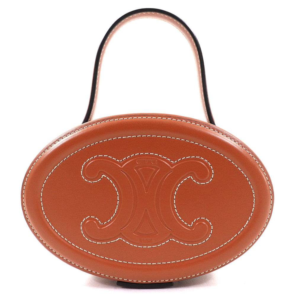 CELINE 198613 Oval Minaudière Cuir Triomphe Smooth Calfskin Leather Handbag in Tan and Brown, Includes Dust Bag, Made Italy — Like New