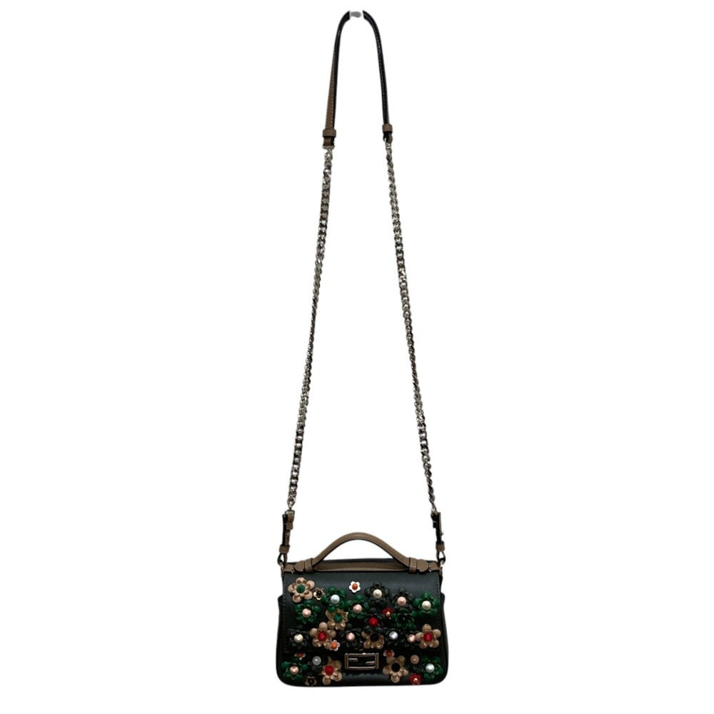 FENDI Fendi Applique Stud Flowerland Micro Double Bucket Chain Shoulder Bag Khaki Women's — Like New