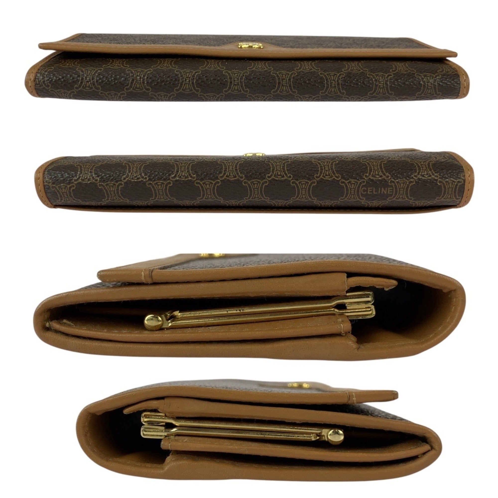 CELINE Macadam Triomphe Brown Leather M08 Long Wallet with Clasp Closure for Women